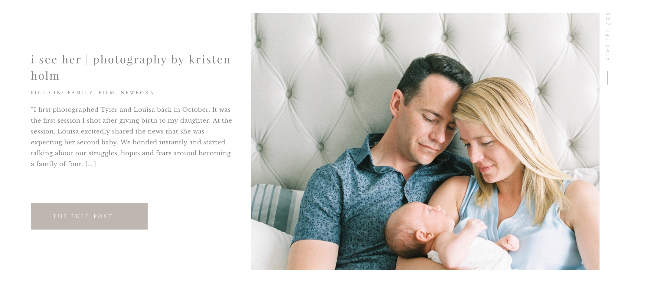 Screen shot of an article posted on the fount collective featuring a Calgary Newborn Session at home. Images by Photographer, Kristen Holm.